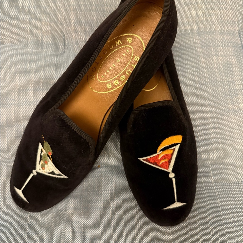 Stubbs & Wootton Black Velvet Loafers with Embroidery